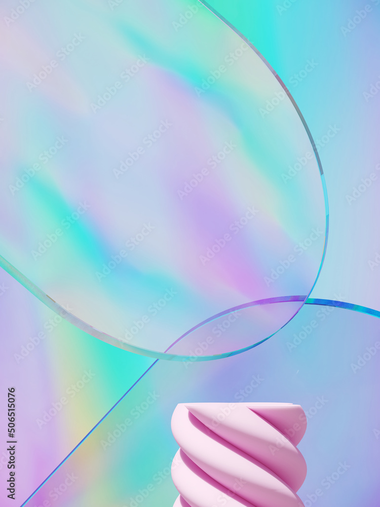 Poster minimal abstract background for product presentation. beverage podium on iridescent holographic glas