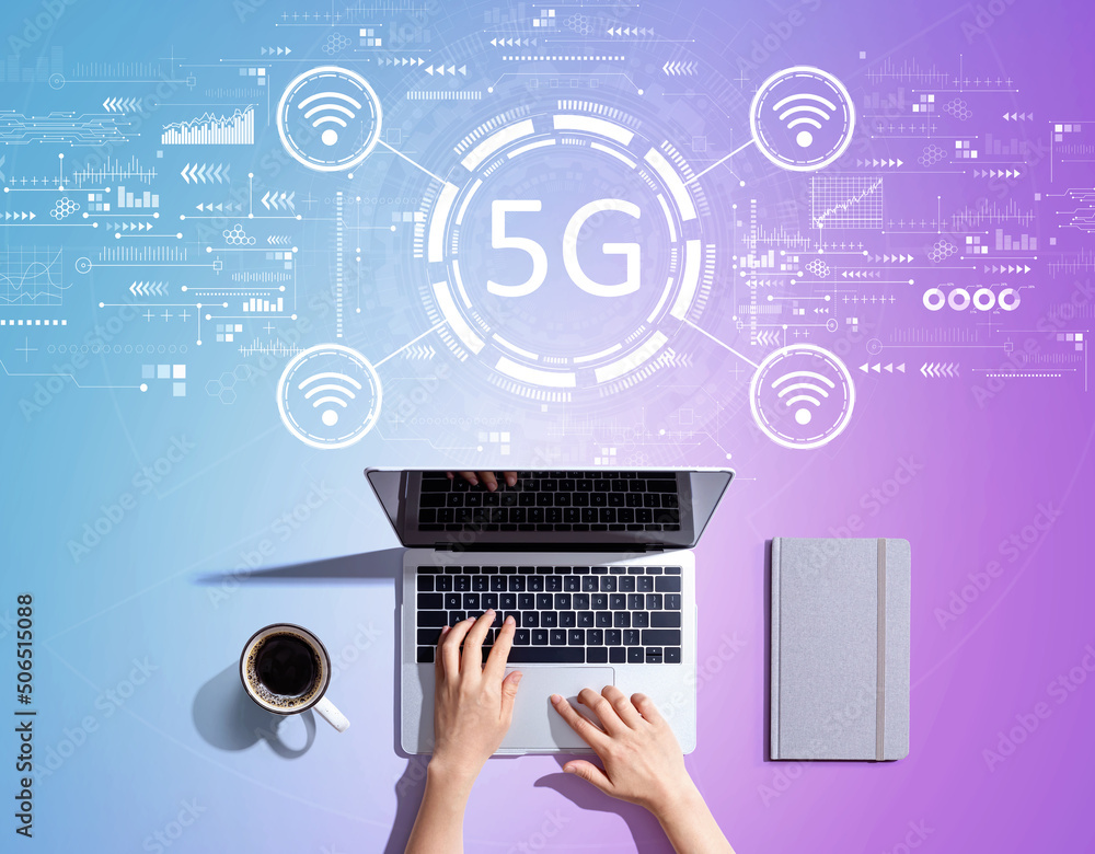 Poster 5g network with person using a laptop computer