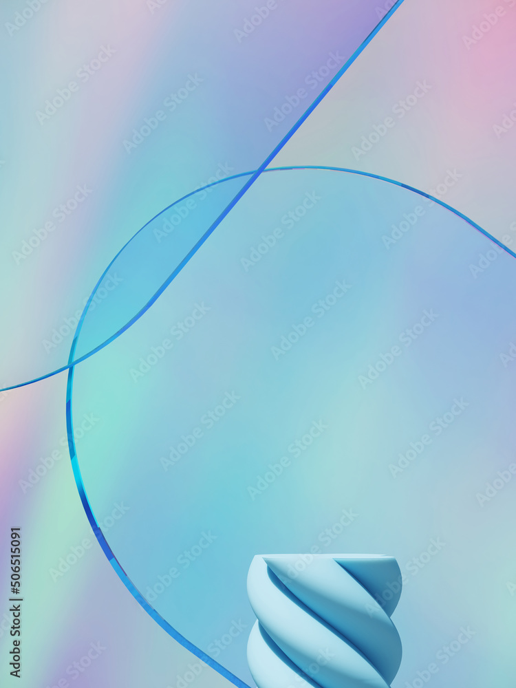 Poster minimal abstract background for product presentation. beverage podium on iridescent holographic glas