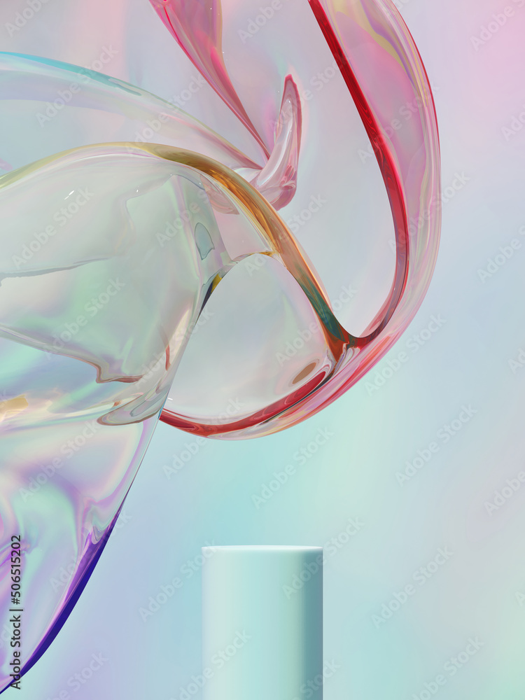 Poster minimal abstract background for product presentation. gradient podium on iridescent holographic wavy