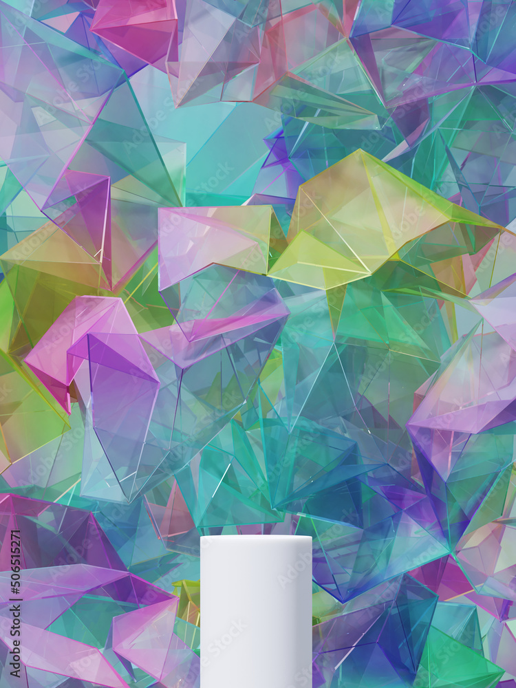 Poster minimal abstract background for product presentation. gradient podium on iridescent holographic wavy