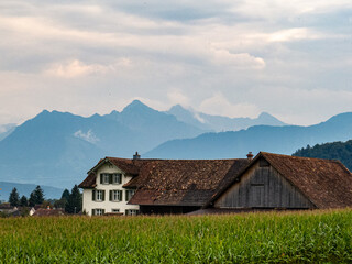 Old house among the fields in the mountains