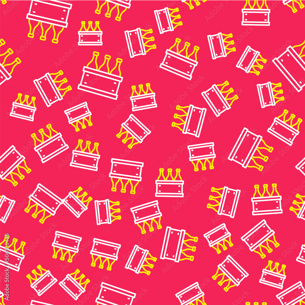 Poster line bottles of wine in a wooden box icon isolated seamless pattern on red background. wine bottles 