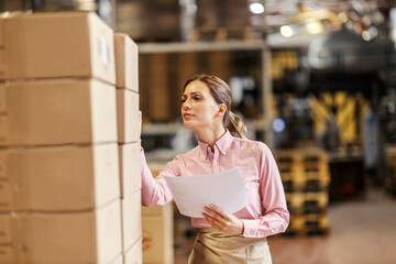 A quality control worker checking on boxes and shipment in warehouse,