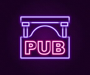 Glowing neon line Street signboard with inscription Pub icon isolated on black background. Suitable for advertisements bar, cafe, restaurant. Colorful outline concept. Vector