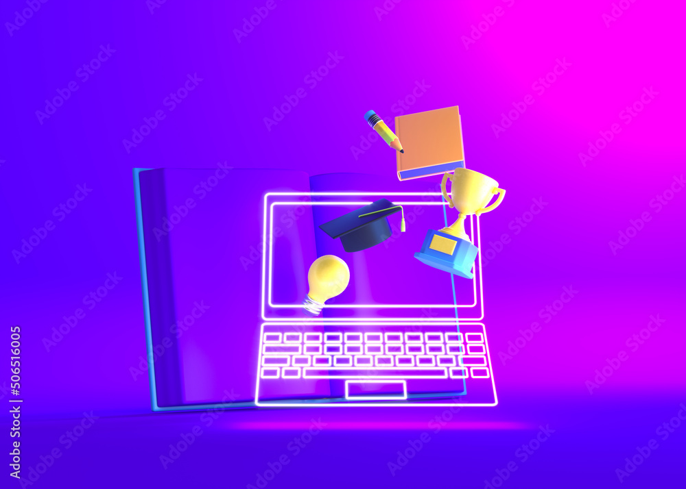 Poster minimal background for online education concept. trophy with education hat and notebook on blue back