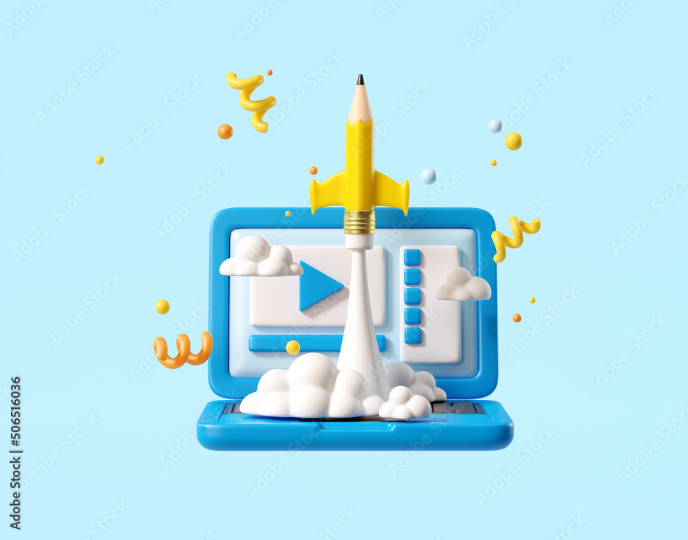 Poster minimal background for online education concept. launching pencil rocket and notebook on blue backgr