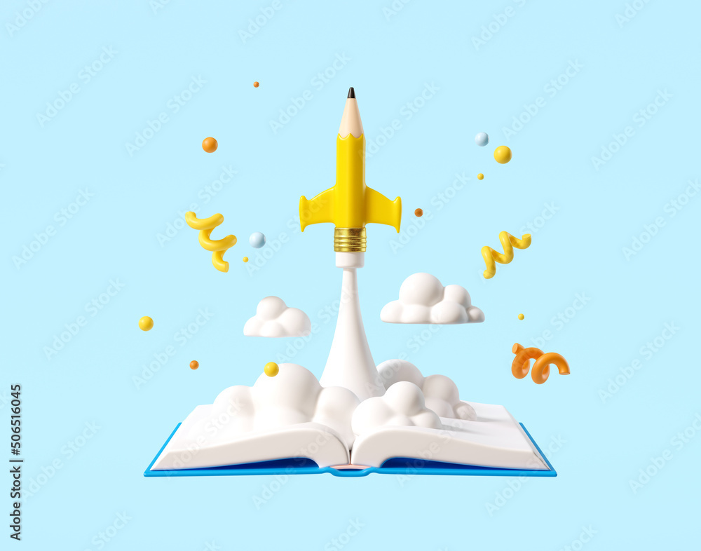 Poster minimal background for online education concept. launching pencil rocket and open book on blue backg