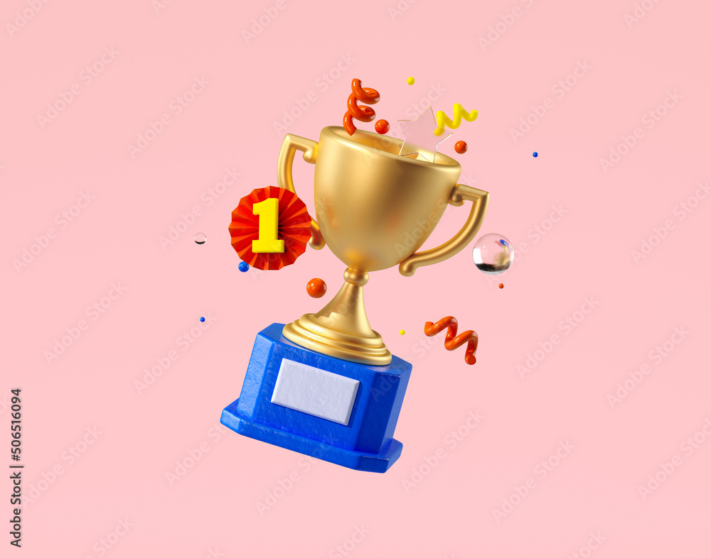 Aufkleber minimal background for online education concept. golden trophy on pink background. 3d rendering illu