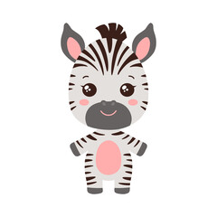 Fototapeta na wymiar Cute baby zebra kawaii chibi style design vector illustration. Adorable zebra african plant-eating animal. Fun kids striped horse zebra image isolated on white background.