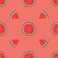 Seamless pattern with half and pieces of watermelon on a red background. Fruity summer pattern. Vector illustration