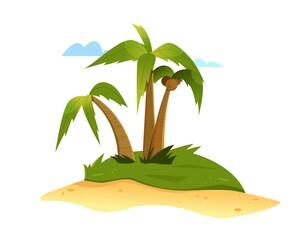 Illustration of a palm trees on the island with coconuts. Isolated illustration on white background in flat style.