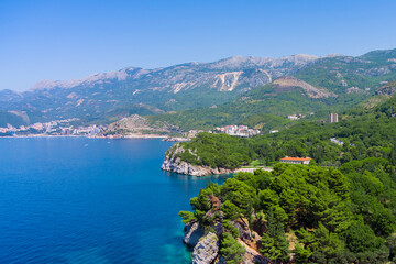 Montenegro. Adriatic Sea. Milocer beach. Summer. Sunny weather. High season. A very popular tourist spot. Drone. Aerial view