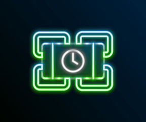 Glowing neon line Detonate dynamite bomb stick and timer clock icon isolated on black background. Time bomb - explosion danger concept. Colorful outline concept. Vector