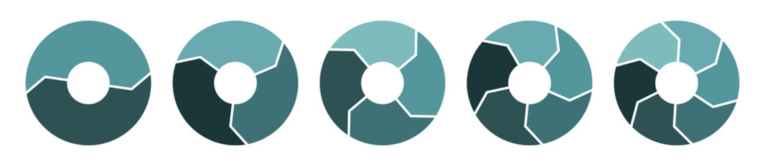 Lifecycle circulation icon set with 2, 3, 4, 5, 6 arrows. Thick parts spin infograph. Turquoise warm mint green circle infographics.