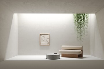 Minimalistic interior with beige sofa and marble coffee table, plants, relief decor on the wall, two story space with lighting. 3D rendering illustration mockup. Presentation space or gallery