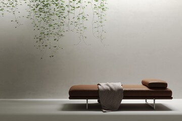 Minimalism daybed in concrete room with lounge and round coffee table, two story space with lighting. 3D rendering illustration mockup. Presentation space or gallery