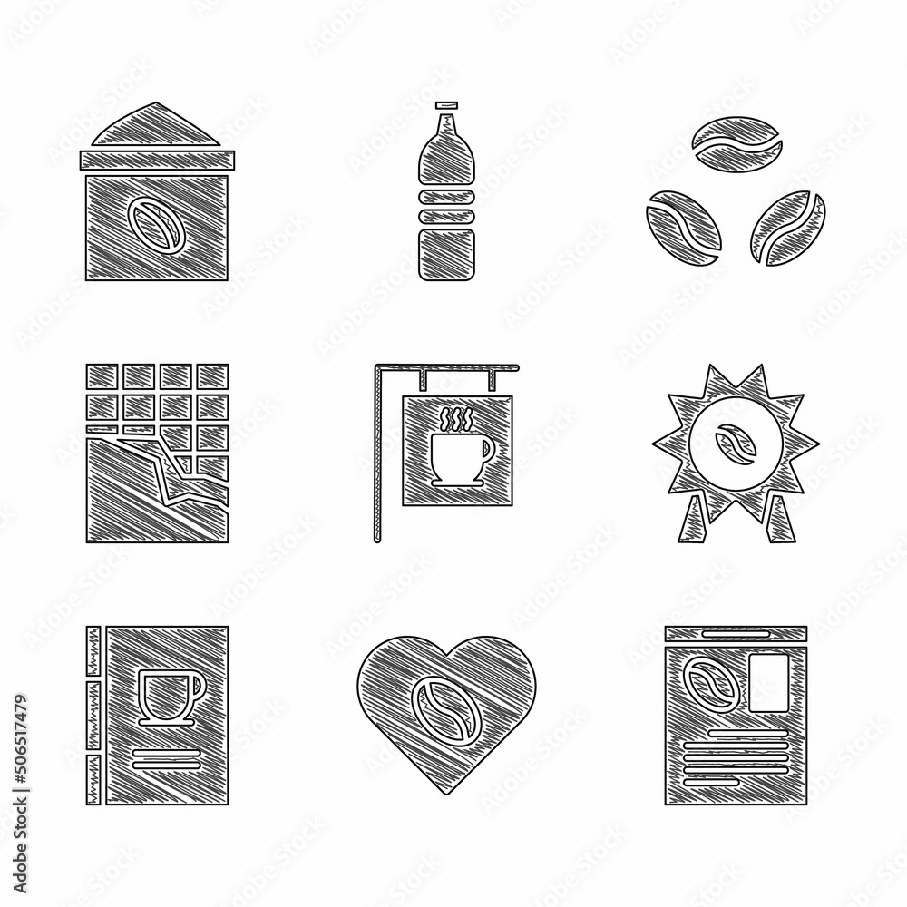 Poster Set Street signboard coffee, Coffee Lovers, Newspaper and, Medal for, book, Chocolate bar, beans and Bag icon. Vector