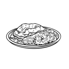 Mole Poblano with rice, traditional mexican dish drawn outline vector illustration in retro style.