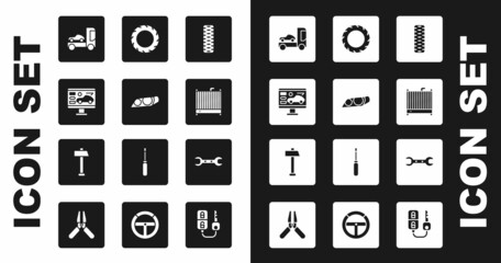Set Car tire wheel, headlight, Diagnostics condition of car, transporter truck, radiator cooling system, Wrench spanner and Hammer icon. Vector
