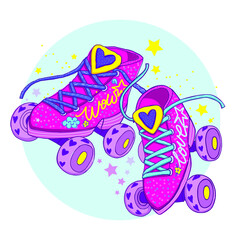 Cool girl cartoon poster with disco roller Skates, hearts sign, stars. 90s and 80s style t shirt design. Colorful girlish shoes illustration.