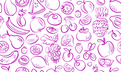 Fruits and berries seamless background. Healthy farm organic food pattern texture. Doodle vector illustration