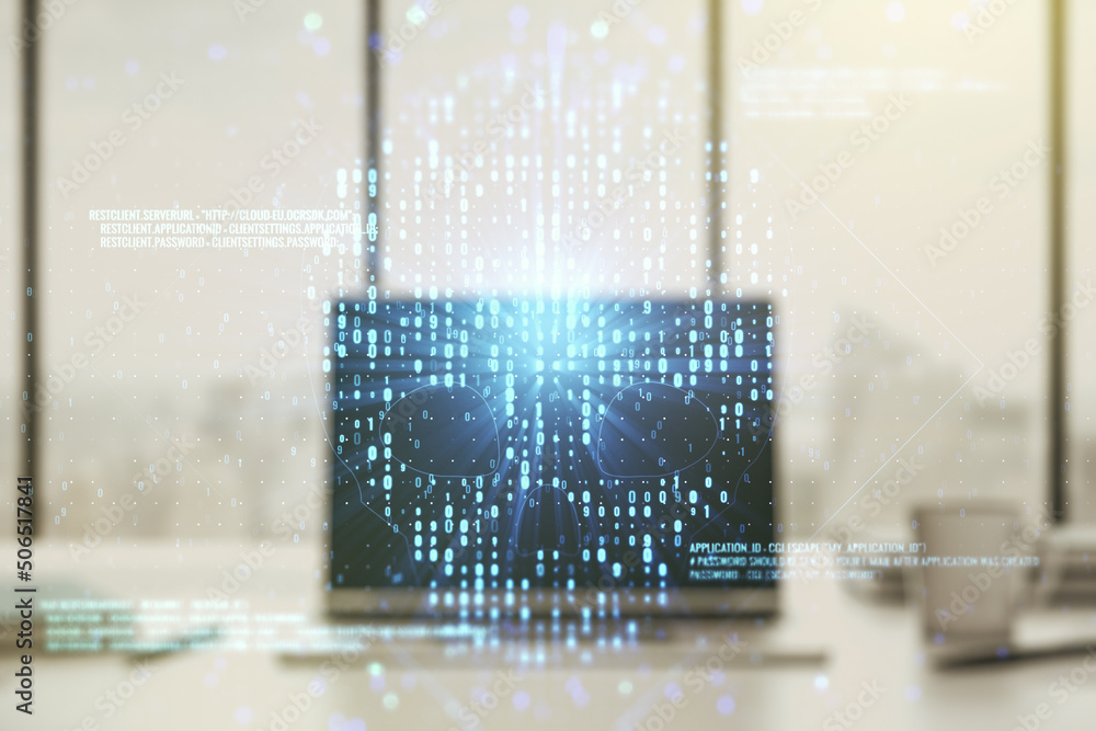 Poster double exposure of creative code skull hologram on laptop background. malware and cyber crime concep
