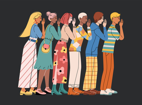People whisper secrets into each others ears, rumors, word of mouth. Crowd communicate, exchange rumors, gossip and news. 