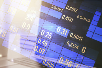 Double exposure of abstract creative statistics data hologram on computer background, analytics and forecasting concept