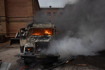 Truck set on fire by explosion caused by a Russian missile