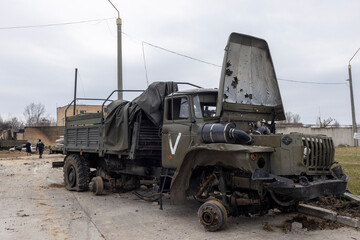 Destroyed truck of the russian army at gostomel airport ukraine