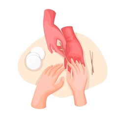 Manicurist removing cuticle at salon procedure vector isolated illustration. Professional manicure for client colourful scene in cartoon style, isolated