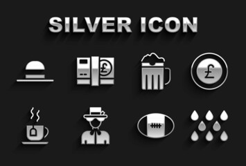 Set Queen Elizabeth, Coin money with pound, Water drop, Rugby ball, Cup of tea tea bag, Wooden beer mug, Elegant women hat and Pound sterling icon. Vector