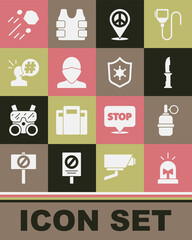 Set Flasher siren, Hand grenade, Military knife, Location peace, Vandal, Protest, Flying stone and Police badge icon. Vector