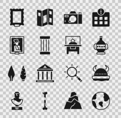 Set Earth globe, Viking in horned helmet, Ancient amphorae, Photo camera, column, Portrait museum, Picture and Glass showcase for exhibit icon. Vector
