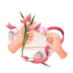 Obraz na płótnie Canvas Florist arranges composition of pink flowers and ribbon isolated vector character. Floral shop arrangement cartoon style illustration