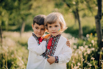 Smiling little ukrainian boys with blue yellow flag art on cheeks. Children together in traditional...