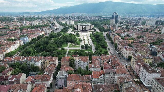 The National Palace of Culture. Congress Centre Sofia NDK. Aerial view video at 4k quality