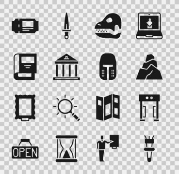 Set Torch flame, Metal detector, Rock stones, Dinosaur skull, Museum building, History book, ticket and Medieval iron helmet icon. Vector