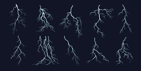 Flashing lightnings set on black vector illustration. Storm and natural electricity effects demonstration in cartoon style, isolated © setory