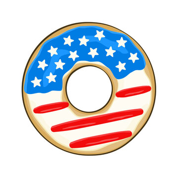 National Donut Day. Donut glazed in the colors of USA flag. Vector. Isolated on white