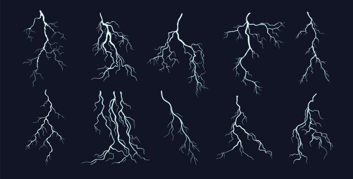 Flashing lightnings set on black vector illustration. Storm and natural electricity effects demonstration in cartoon style, isolated