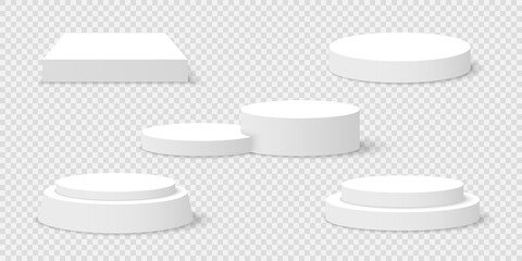 Set of white blank podiums on transparent background. Pedestals. Scene. Vector illustration.