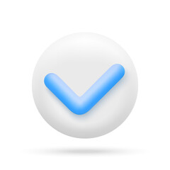 Check mark round white icon in 3d cartoon minimal style. Vector illustration.