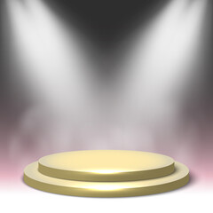 Empty round podium with spotlights and steam. Pedestal. Vector illustration.