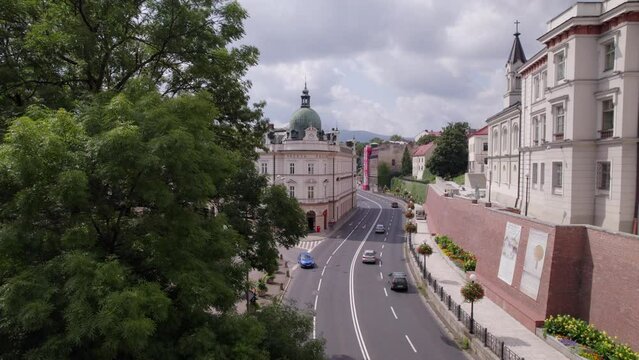 Bielsko-Biala from a drone on a sunny day. Town Hall and the characteristic buildings in the city.