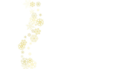 Glitter snowflakes frame on white horizontal background. Shiny Christmas and New Year frame for gift certificate, ads, banners, flyers. Falling snow with golden glitter snowflakes for party invite