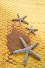 Fototapeta na wymiar Vertical shot of three starfish and sand from a beach on a yellow background