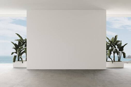View of interior space or room on sea view background, blank space of architecture with  concrete floor and palm trees in pots. 3d rendering. Mockup for presentation art