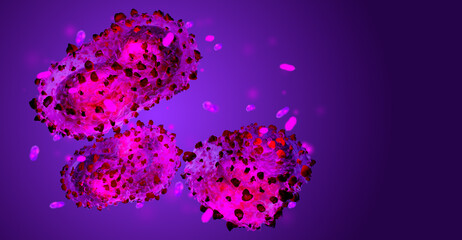 Monkeypox cell. Infectious disease molecules in blood. Monkeypox pandemic. Symptoms fever under microscope. Monkey pox cell in patient's body. Infectious disease. Virus visualization. 3d rendering